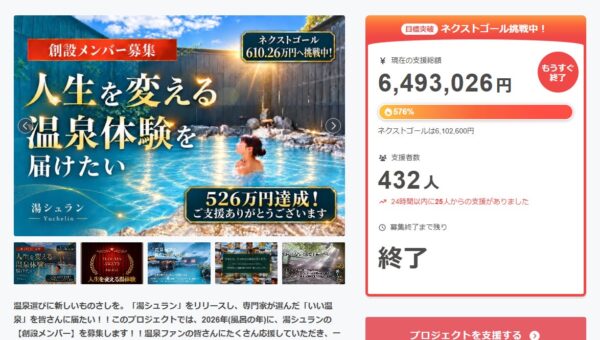 「大切なあの湯を、未来に残したい」全国から共感と支援。温泉評価制度「湯シュラン」クラウドファンディング終了、当初目標1,126,000円を公開2時間で達成、支援総額6,493,026円・達成率576％